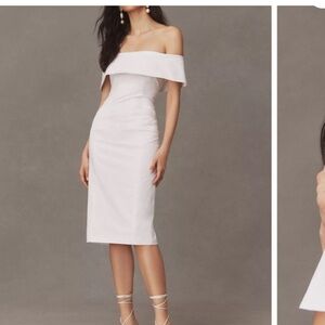 BHLDN Elegant Off-Shoulder Cream Midi Dress